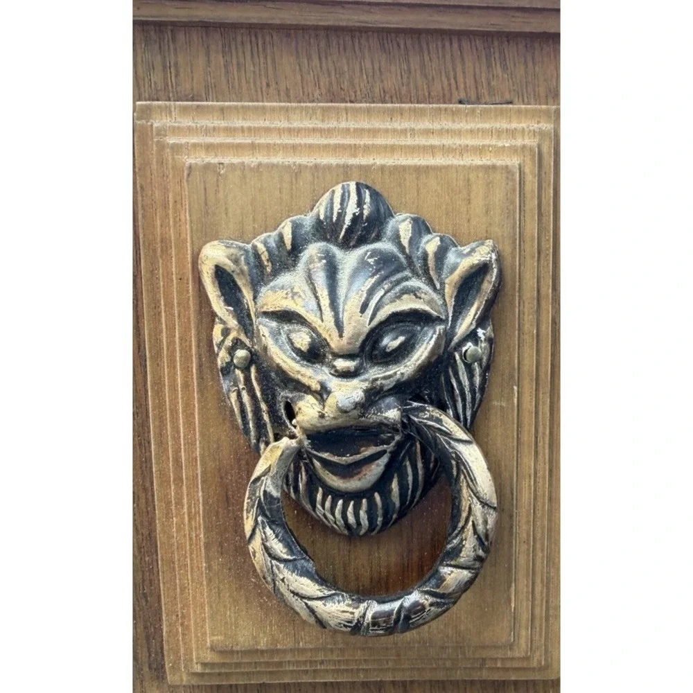 Vintage Wooden Jewelry Armoire Cabinet Lion Head Doors Red Felt Lined 13 Drawer